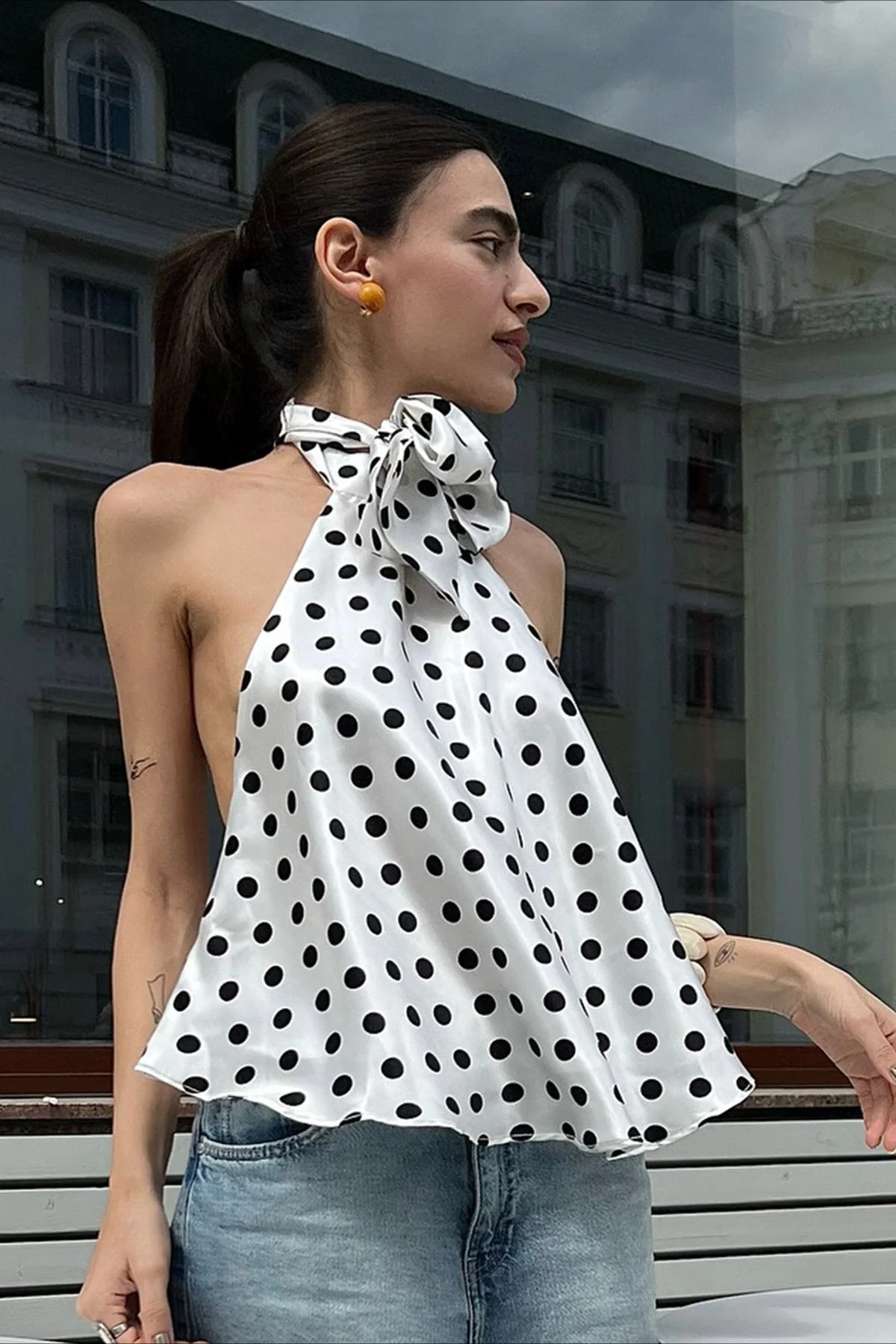 Polka Dot Satin Bow Tie Backless Cami Crop Top - Image 2