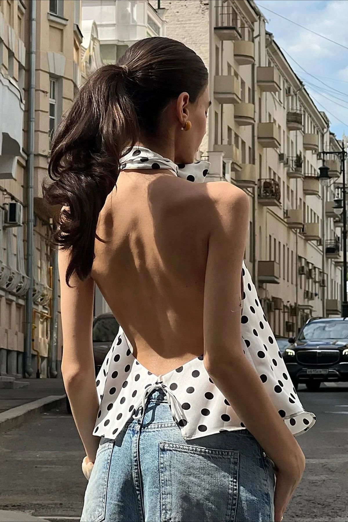 Polka Dot Satin Bow Tie Backless Cami Crop Top - Image 3