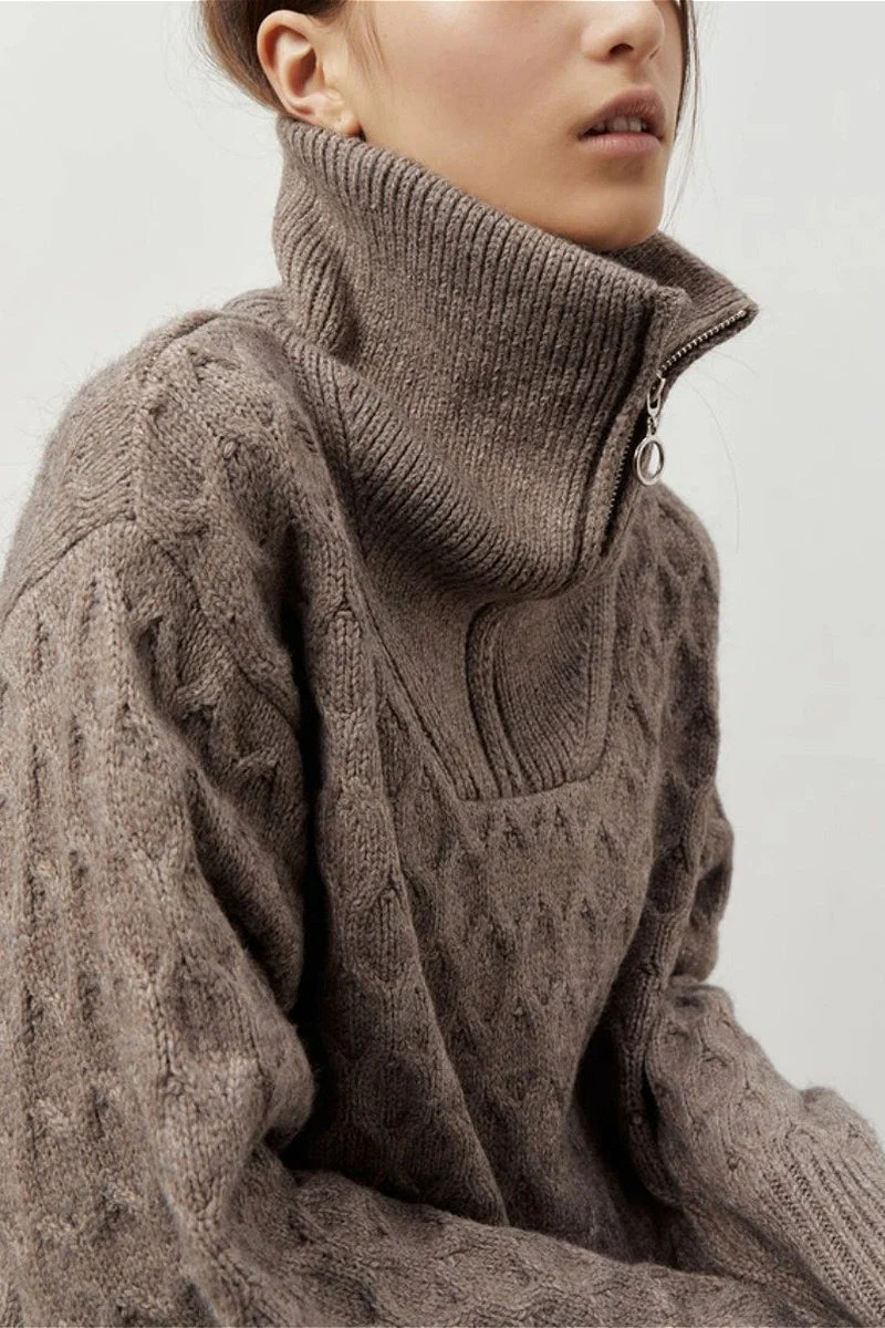 Vintage Chunky Knit High Neck Zip Up Sweater - Image 3