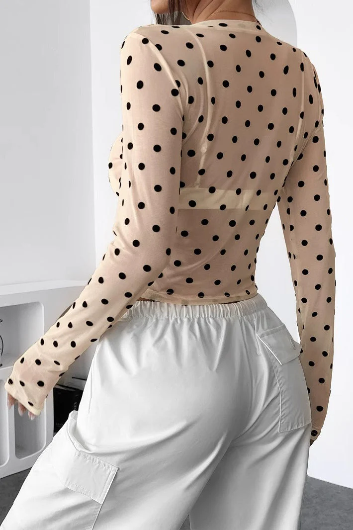 Polka Dot Mesh Slim Fit Long Sleeve Crop Top - Image 3