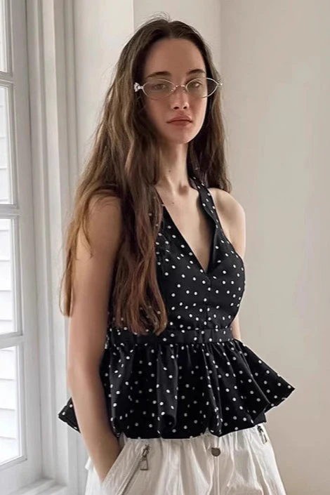 Vintage Polka Dot Tie Halter Crop Top - Image 2