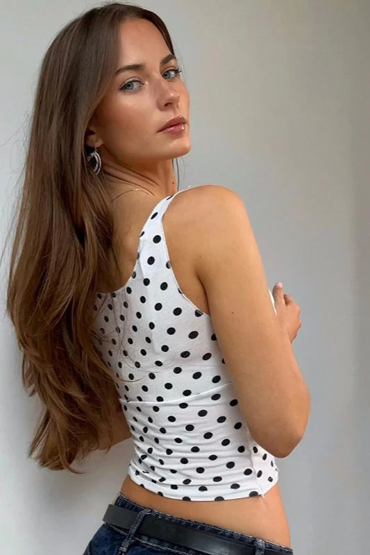 Polka Dot V-Neck Tie Waist Crop Top - Image 3