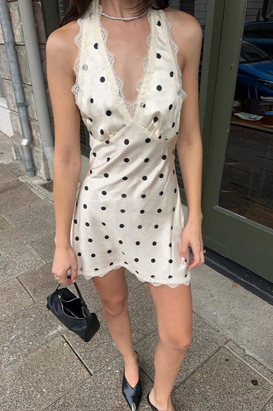 Lace Trim Polka Dot Halter Mini Dress - Image 2