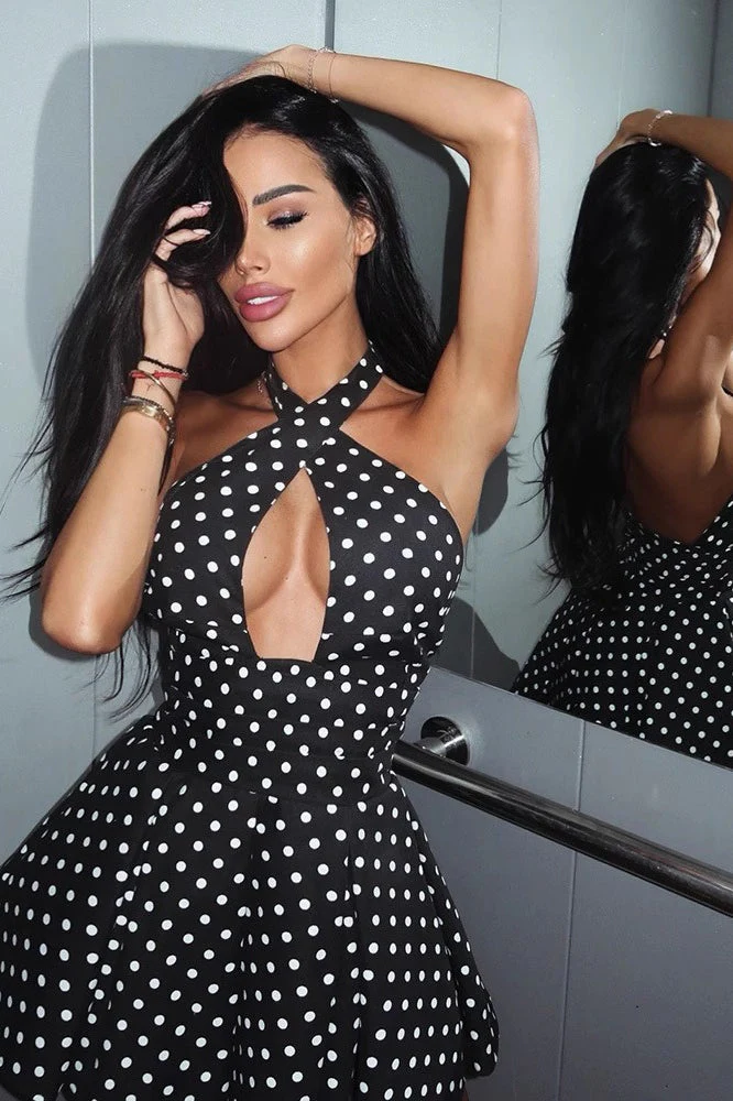 Polka Dot Halter Backless Bodycon Mini Dress - Image 3