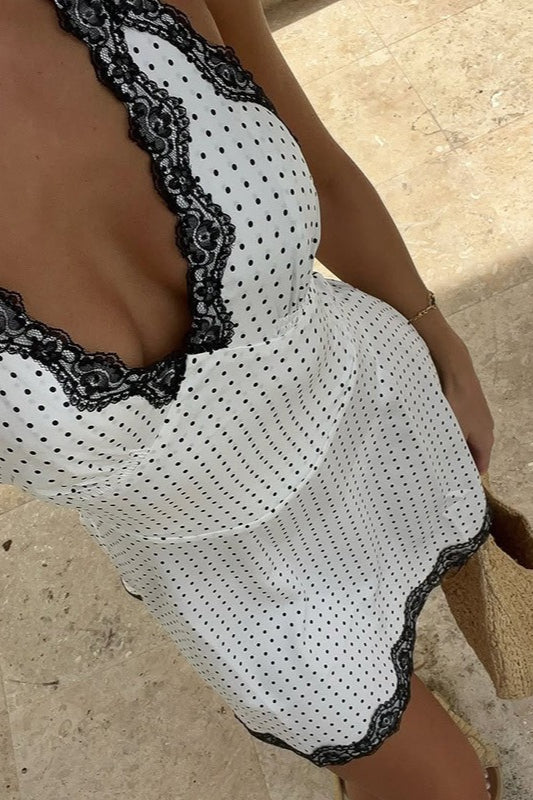 Lace-Trim V-Neck Polka Dot Halter Backless Mini Dress - Image 2
