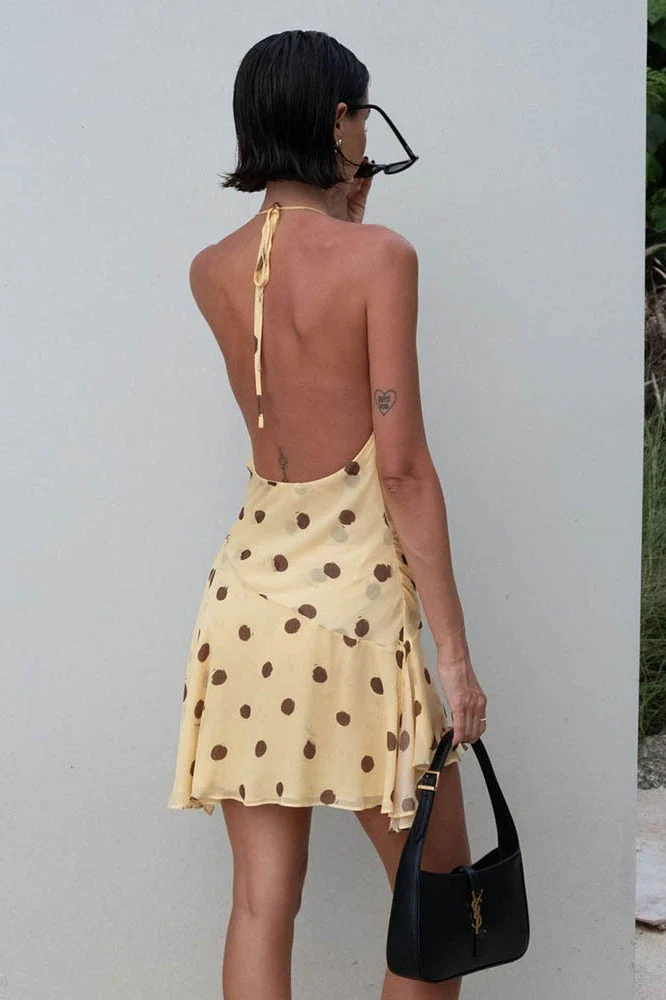 Polka Dot Chiffon Halter Backless Mini Dress - Image 3
