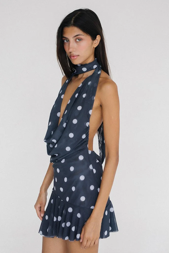 Polka Dot Halter Backless Mesh Mini Dress - Image 2