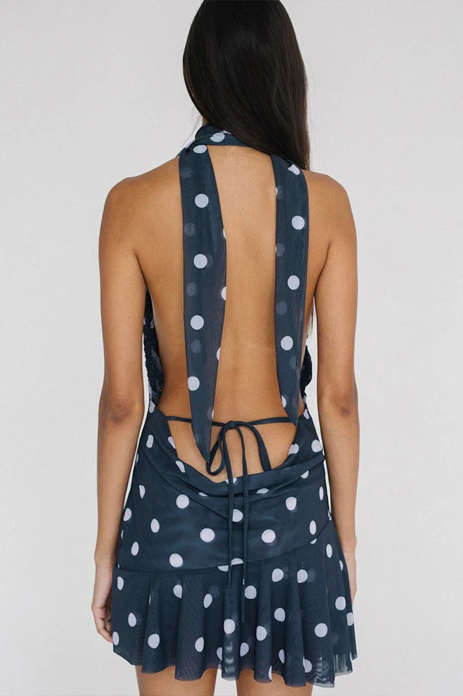 Polka Dot Halter Backless Mesh Mini Dress - Image 4