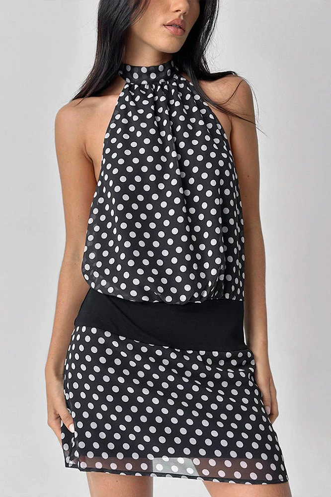 Polka Dot Halter Backless Chiffon Bodycon Mini Dress - Image 2