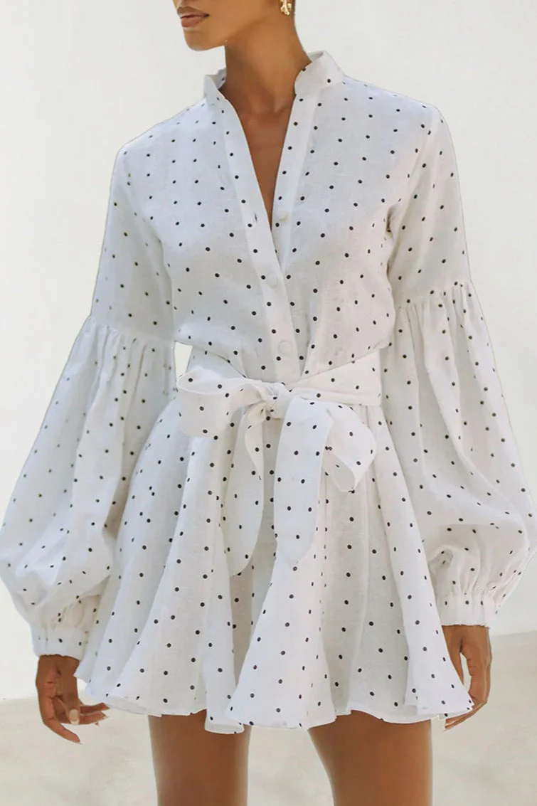 Polka Dot Lantern Sleeve Tie Mini Dress - Image 2