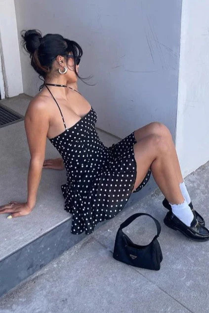 Polka Dot Halter Neck Backless Bodycon Mini Dress - Image 4
