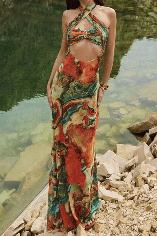 Halter Hollow Out Maxi Floral Dress - Image 2