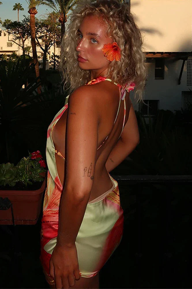Backless Satin Halter Floral Dress - Image 3