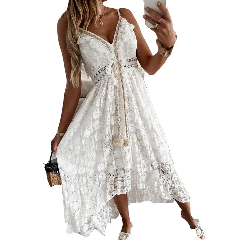 ummer New Lace Sling V-neck Floral Dress - Image 5