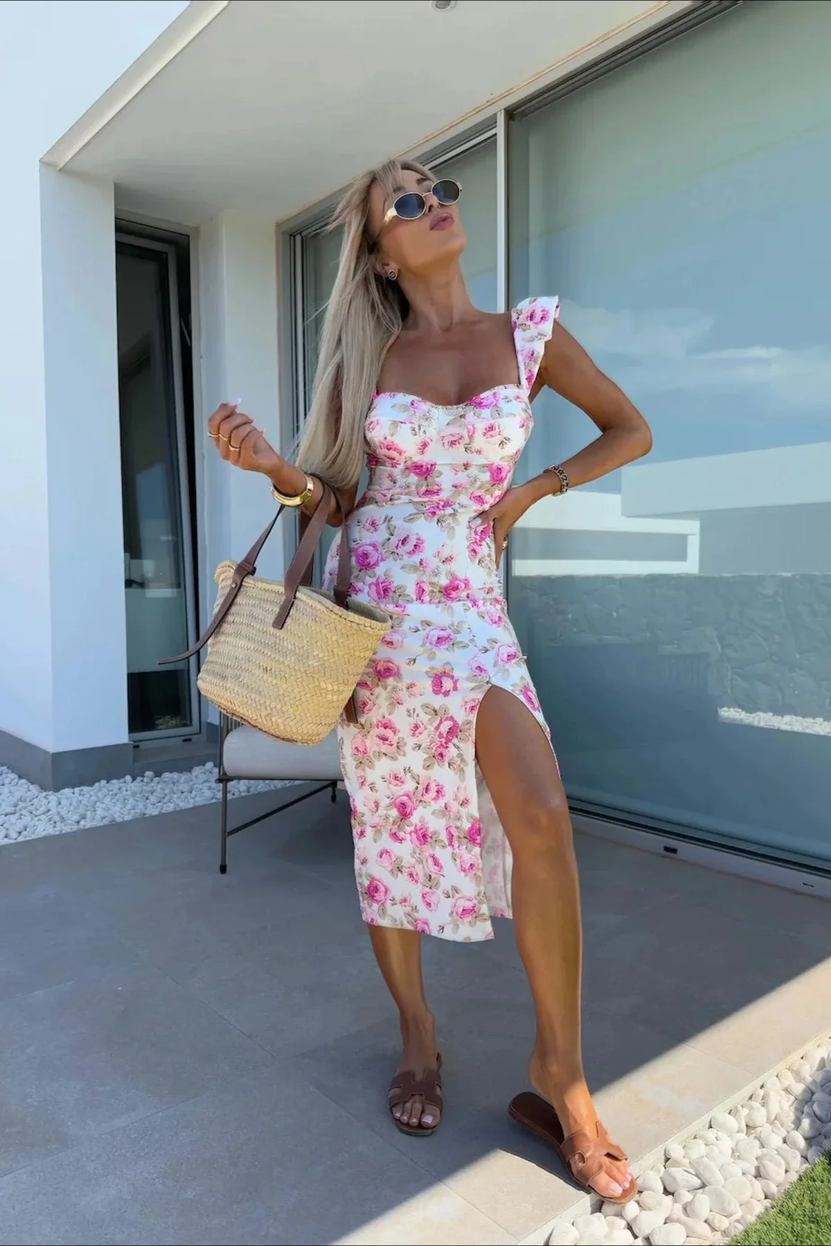 Spaghetti Strap Slit Midi Floral Dress - Image 4