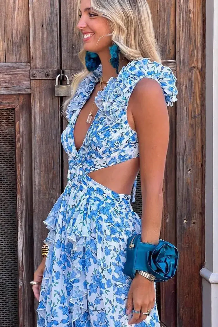 Ruffle Trim Deep V Floral Dress - Image 6