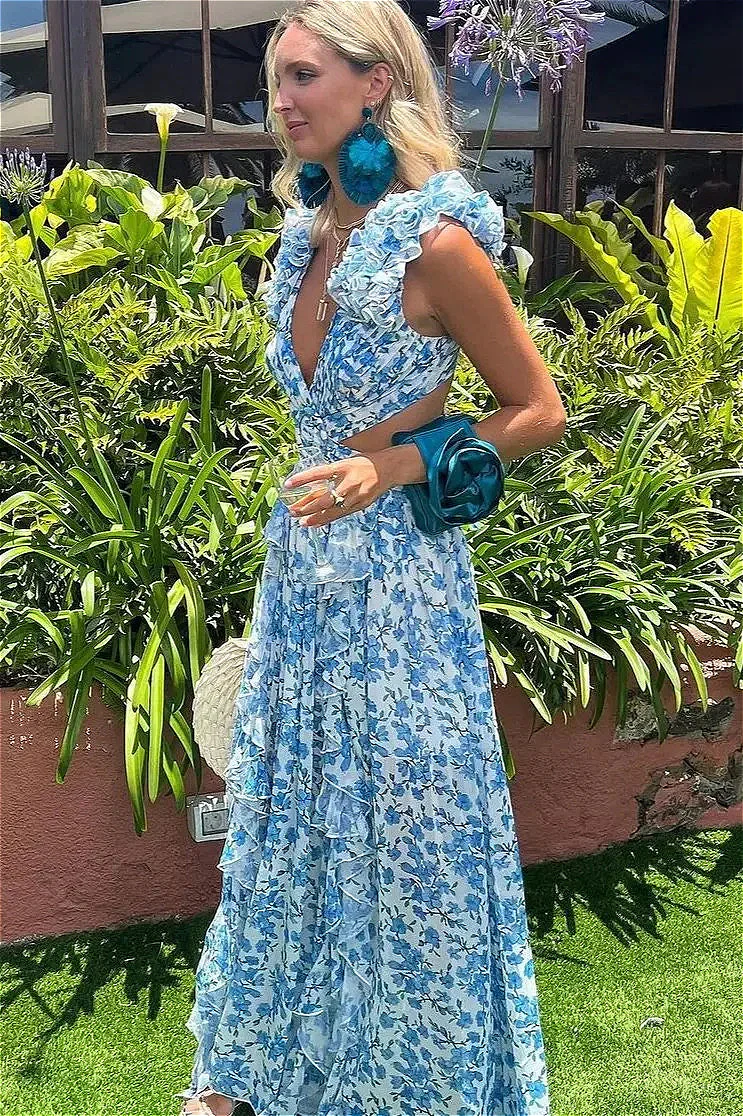 Ruffle Trim Deep V Floral Dress - Image 7