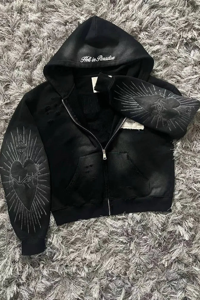 Letter Embroidery Zipper Hoodie - Image 3