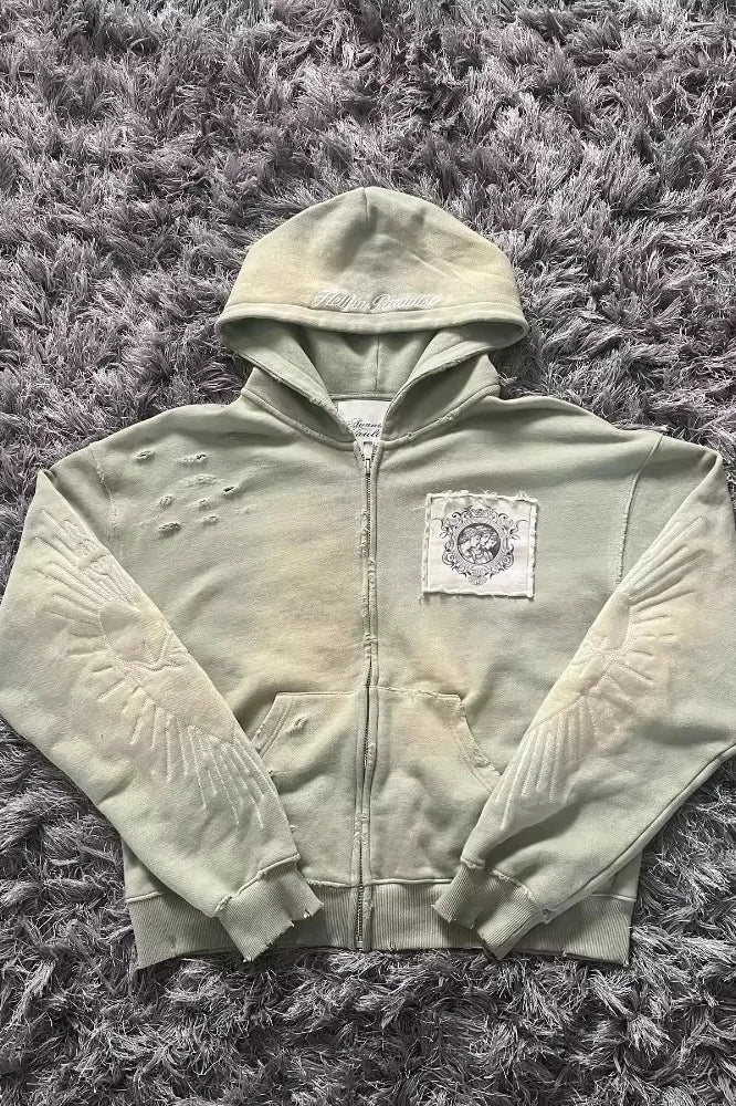 Letter Embroidery Zipper Hoodie - Image 4