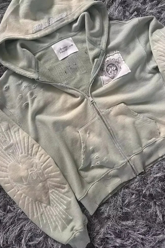 Letter Embroidery Zipper Hoodie - Image 5