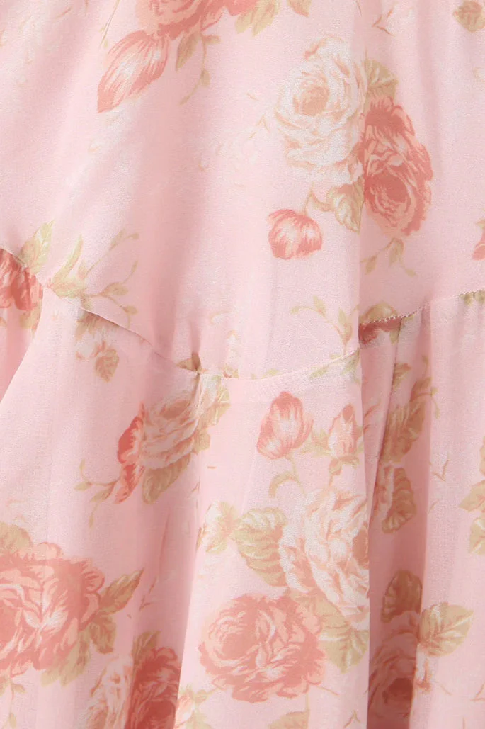 Holiday Pink Flower Print Halter Floral Dress - Image 4