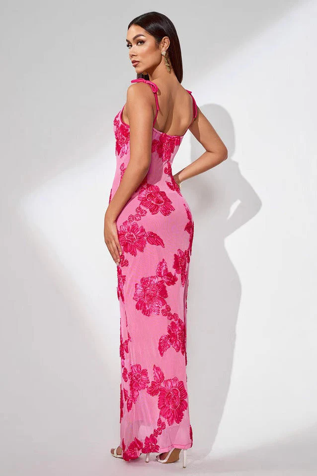 Elegant 3D Flowers Embroidery Mesh Floral Dress - Image 3