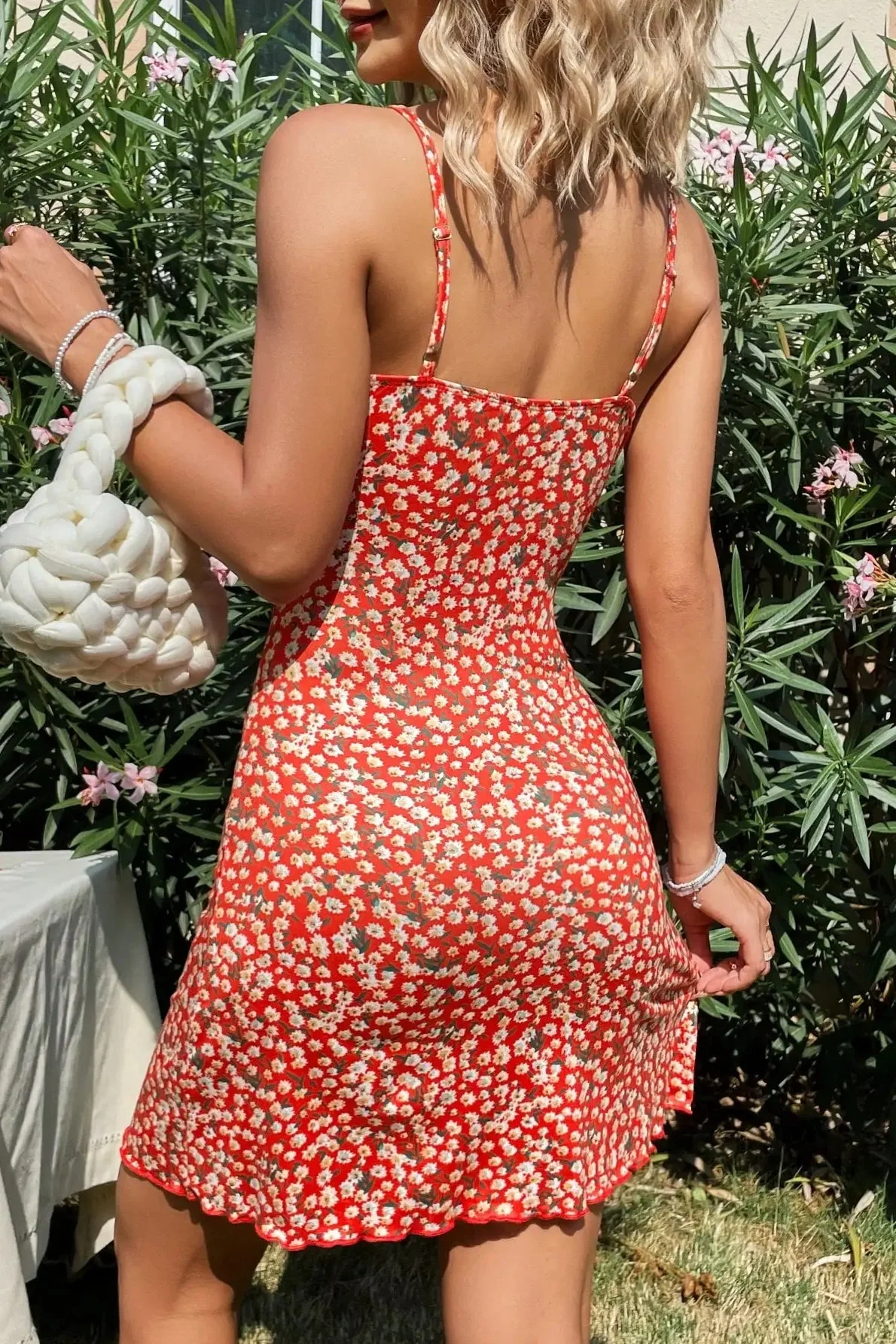 Stylish Red Printed Suspender Floral Dres - Image 2