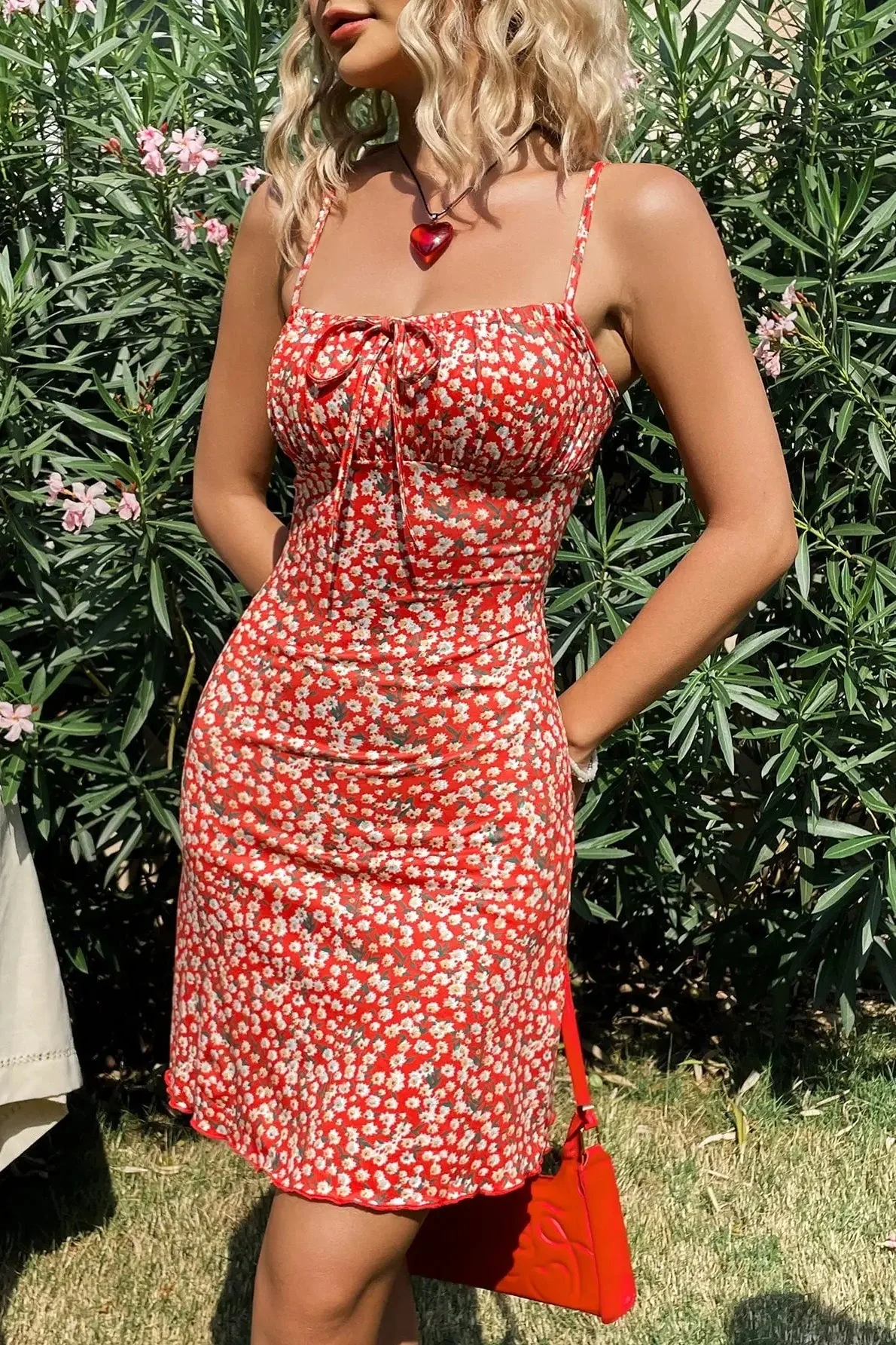 Stylish Red Printed Suspender Floral Dres - Image 3