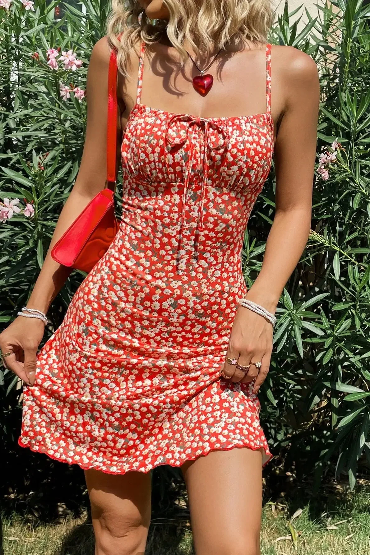 Stylish Red Printed Suspender Floral Dres - Image 5