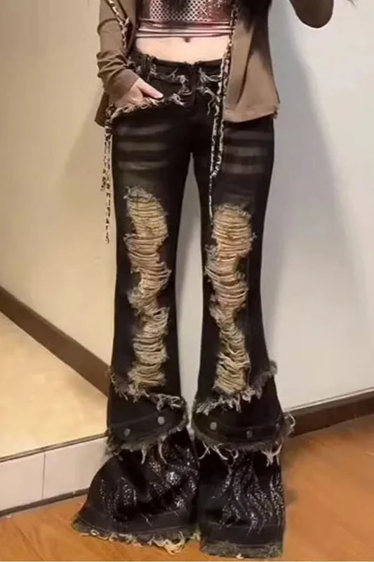 Retro Spice Girl Washed Ripped Flared Jeans - Image 2
