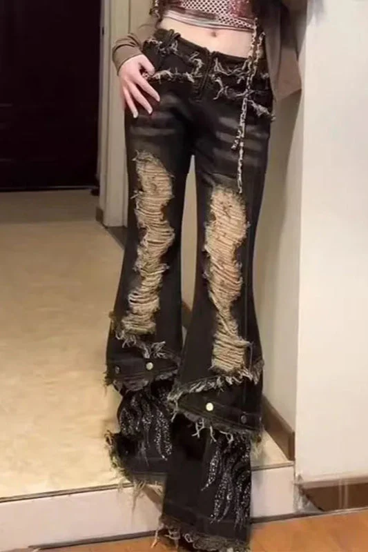 Retro Spice Girl Washed Ripped Flared Jeans - Image 3