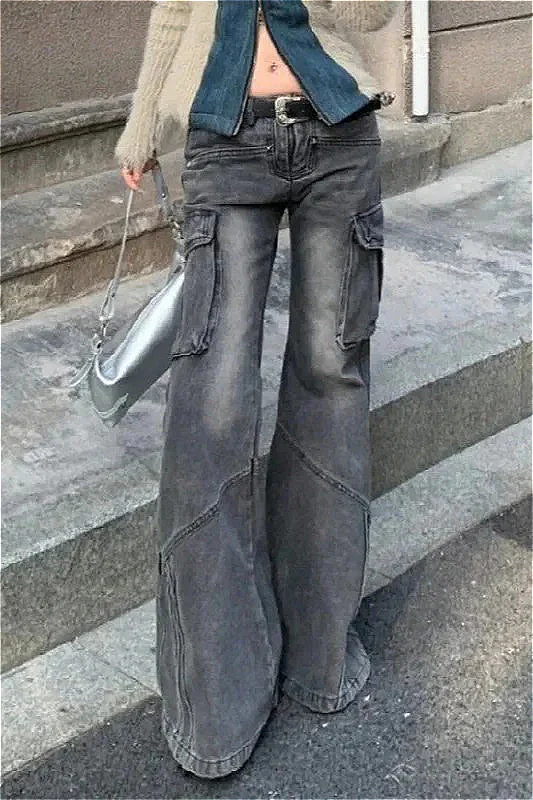 Black Pocket Design Low Waist Workwear Jeans - Image 2