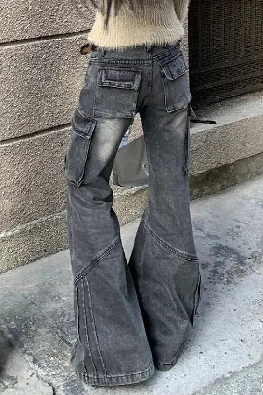 Black Pocket Design Low Waist Workwear Jeans - Image 3