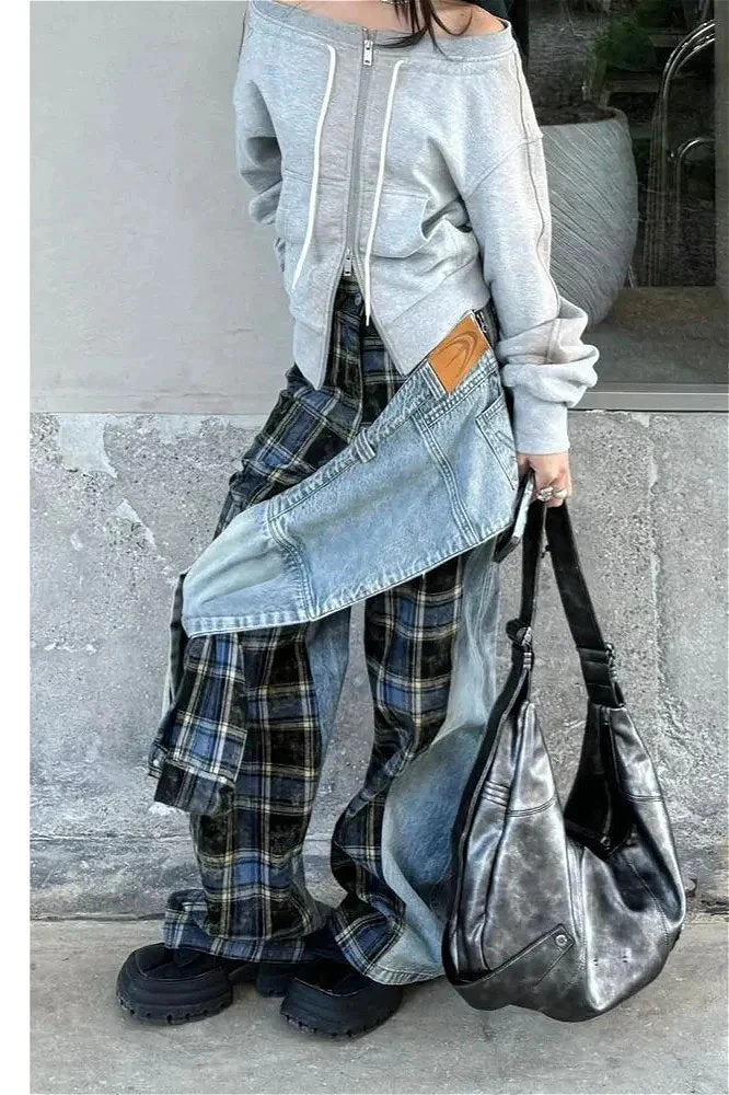 Plaid Patchwork High Waist Denim Pant - Image 2
