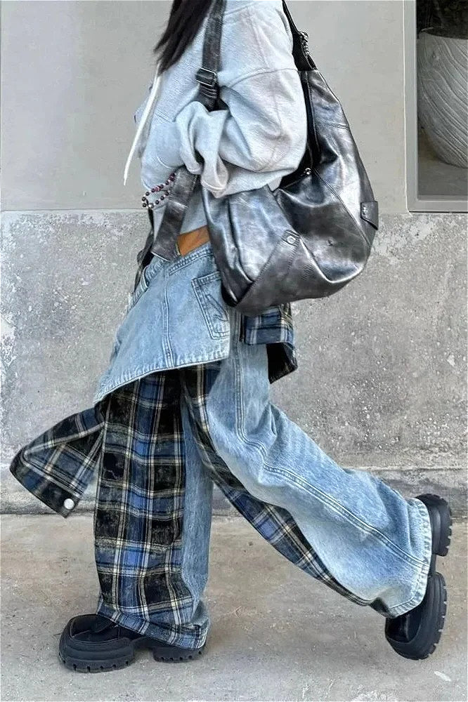 Plaid Patchwork High Waist Denim Pant - Image 3