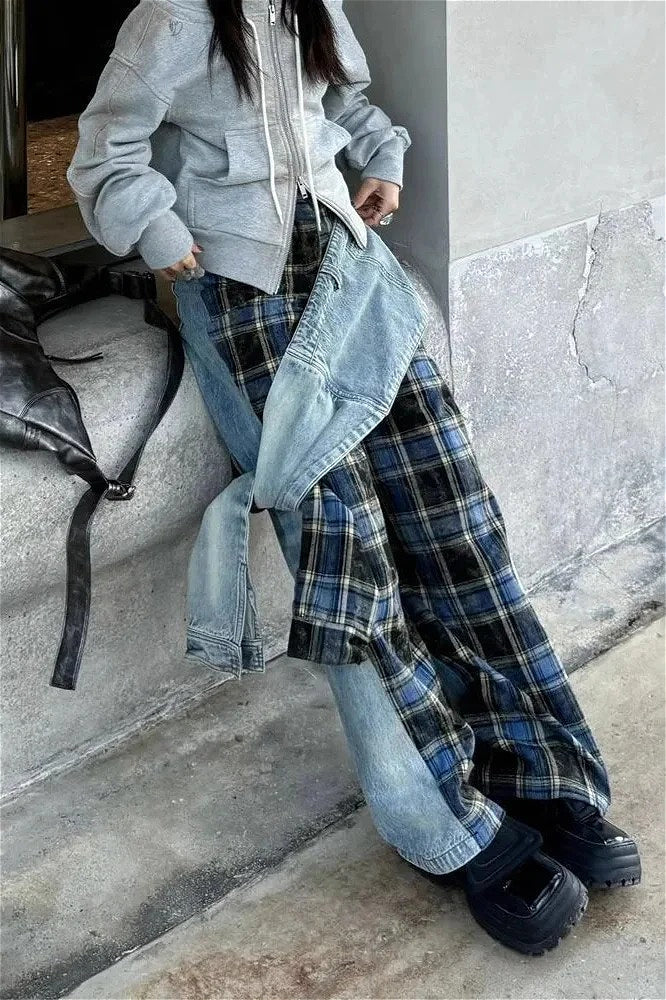 Plaid Patchwork High Waist Denim Pant - Image 4