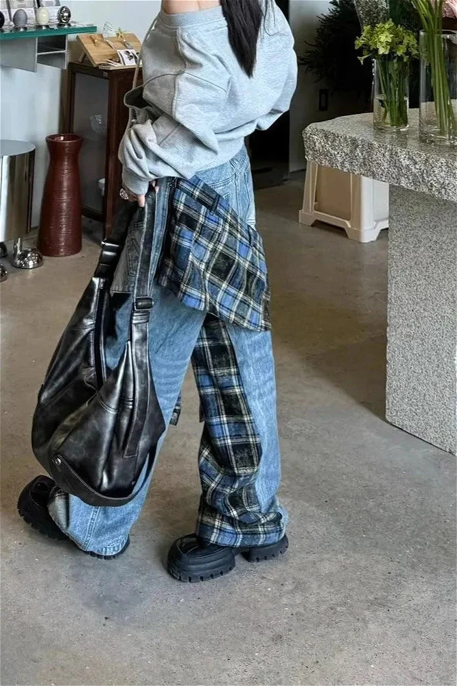 Plaid Patchwork High Waist Denim Pant - Image 5