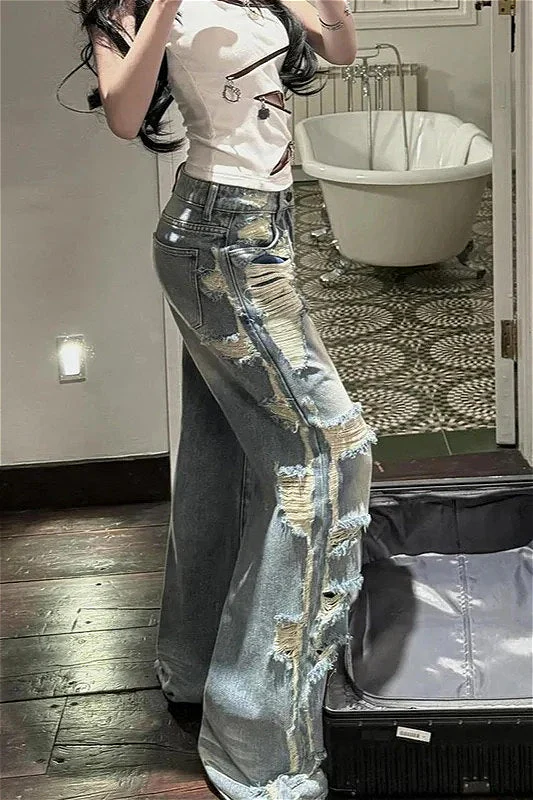 Light Blue Ripped High Waist Wide Leg Denim Jeans - Image 2