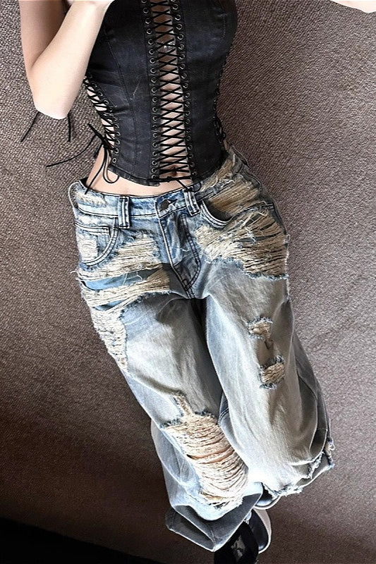 Light Blue Ripped High Waist Wide Leg Denim Jeans - Image 3