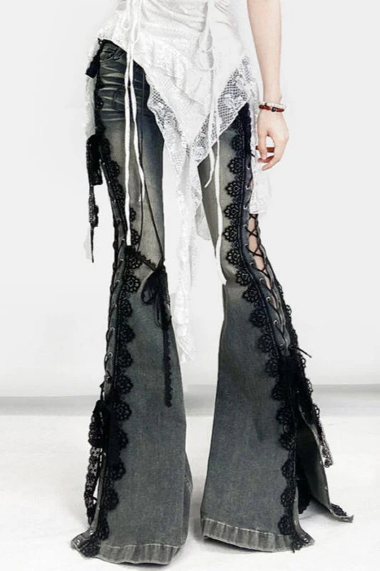 American Retro Lace Strap Slit Bell-bottom Jeans - Image 2