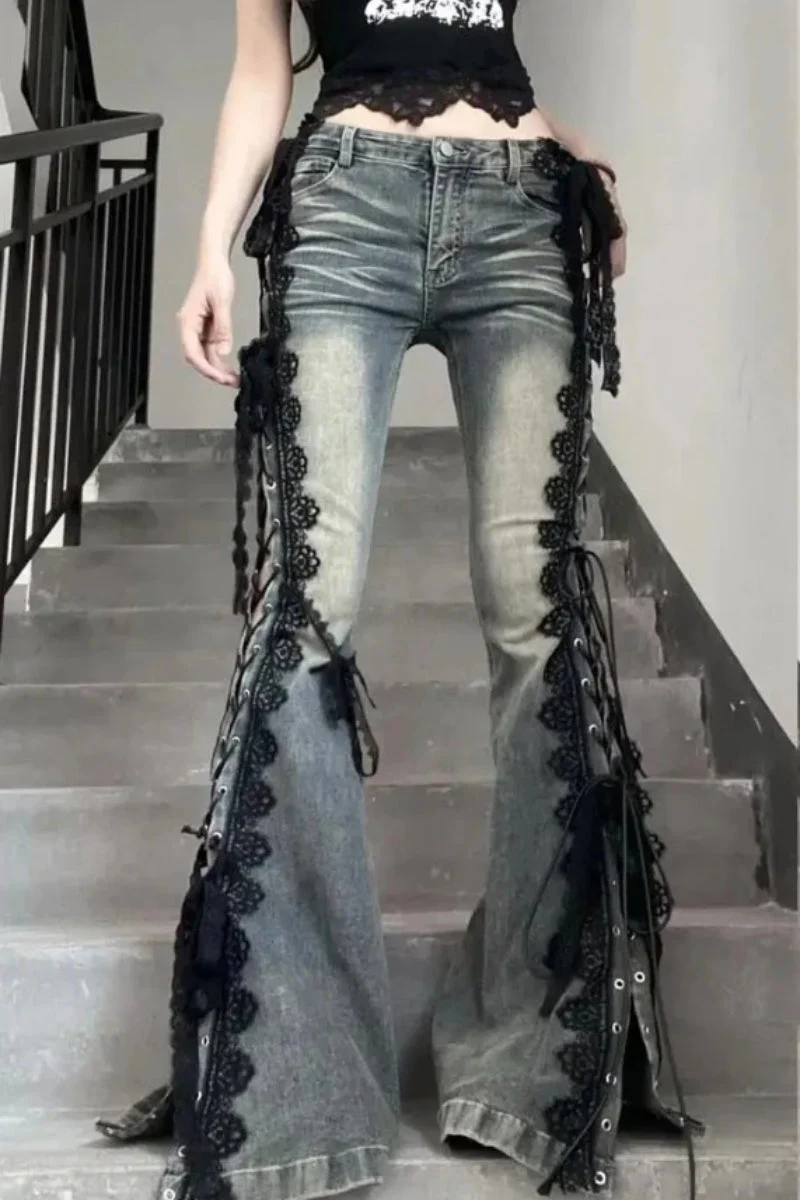 American Retro Lace Strap Slit Bell-bottom Jeans - Image 3