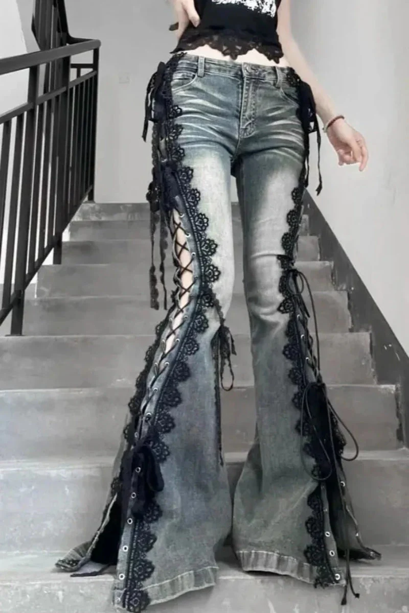 American Retro Lace Strap Slit Bell-bottom Jeans - Image 4