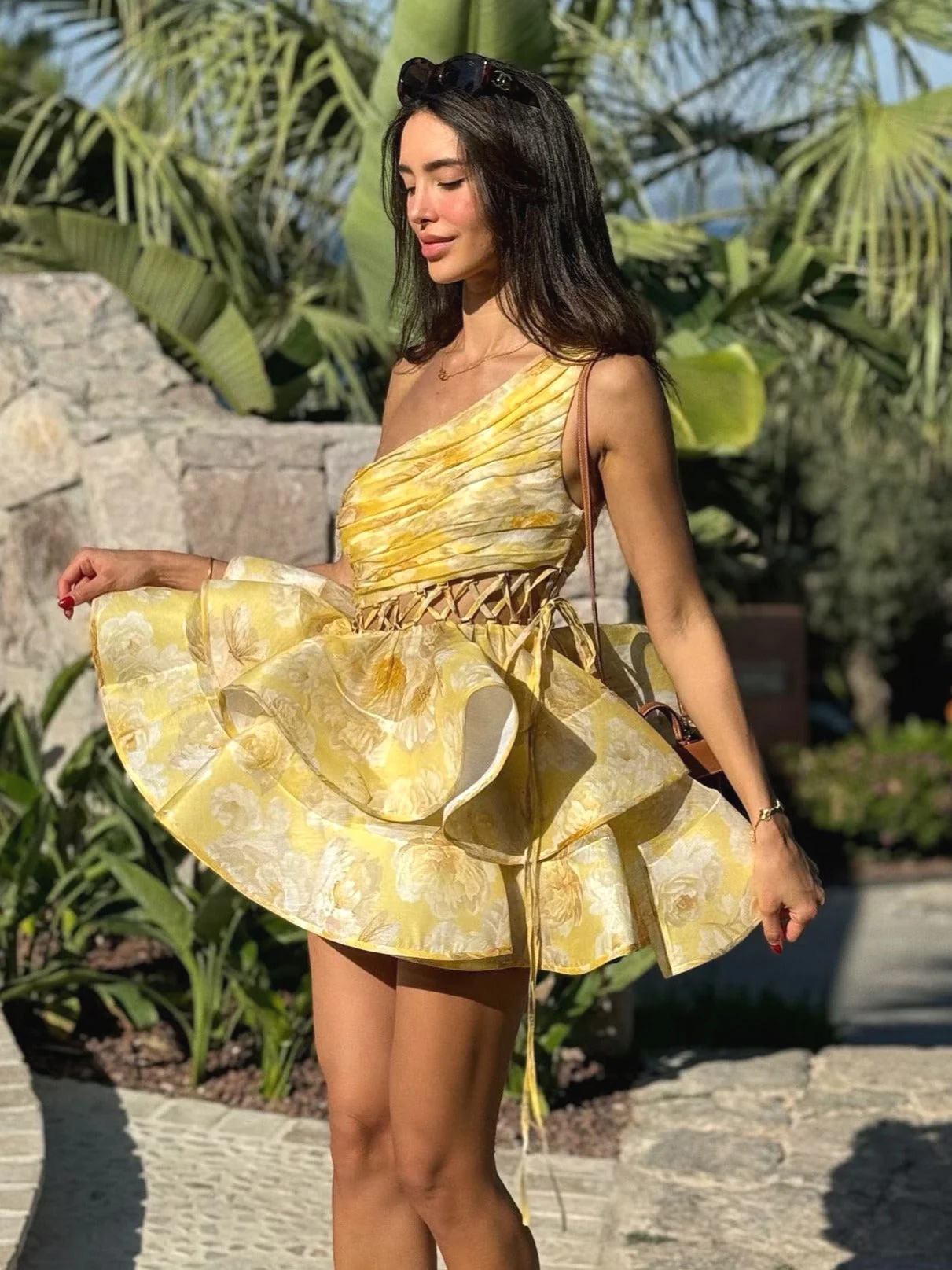 One Shoulder Hollow Ruffle Floral Dress - Image 2