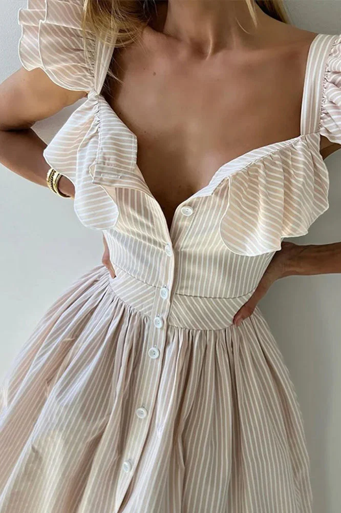 Ruffle Striped Square Collar Floral Dress - Image 11
