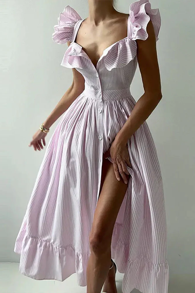 Ruffle Striped Square Collar Floral Dress - Image 2