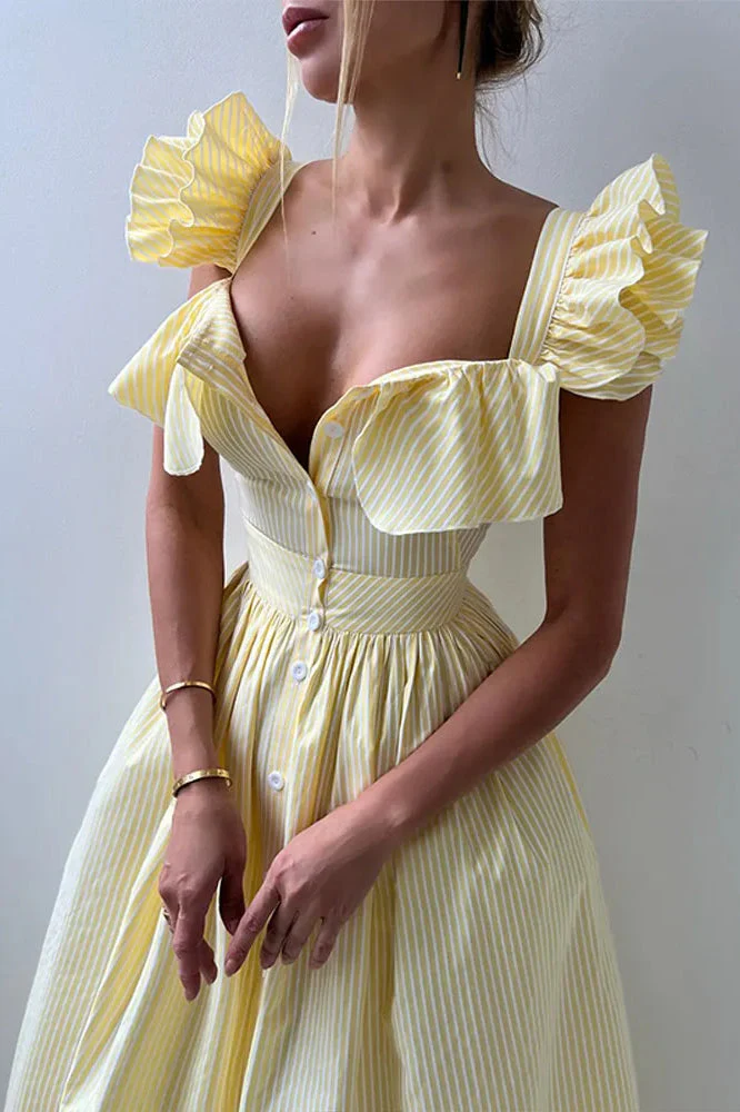Ruffle Striped Square Collar Floral Dress - Image 4