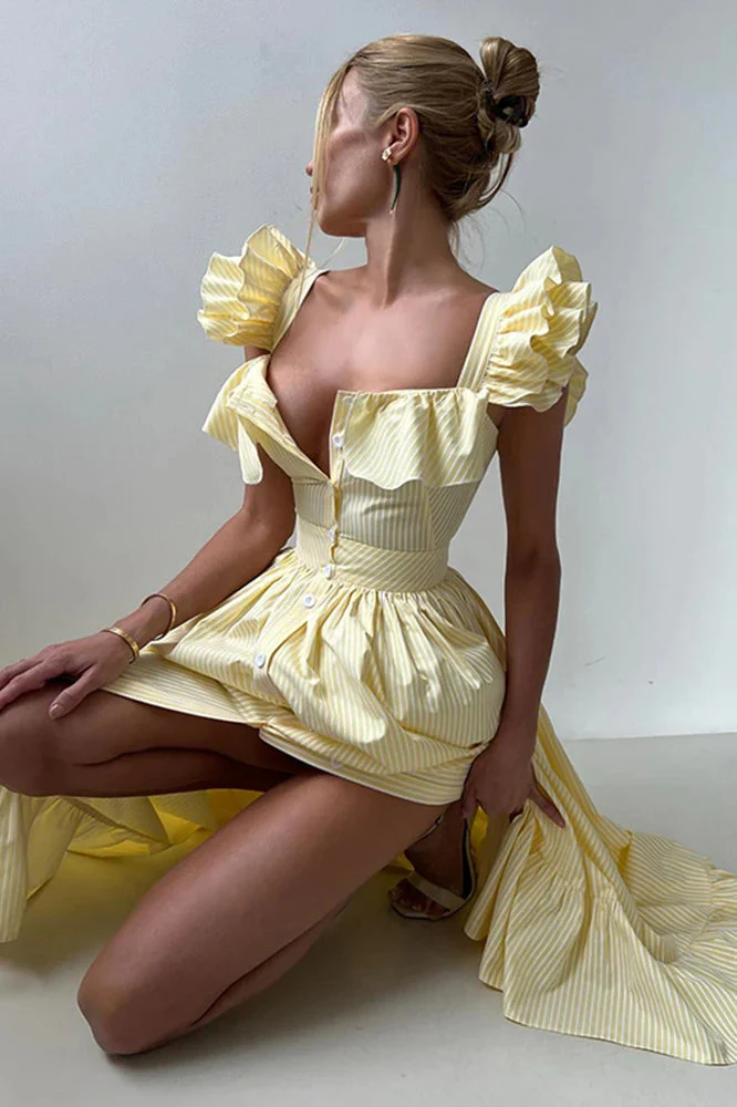 Ruffle Striped Square Collar Floral Dress - Image 5
