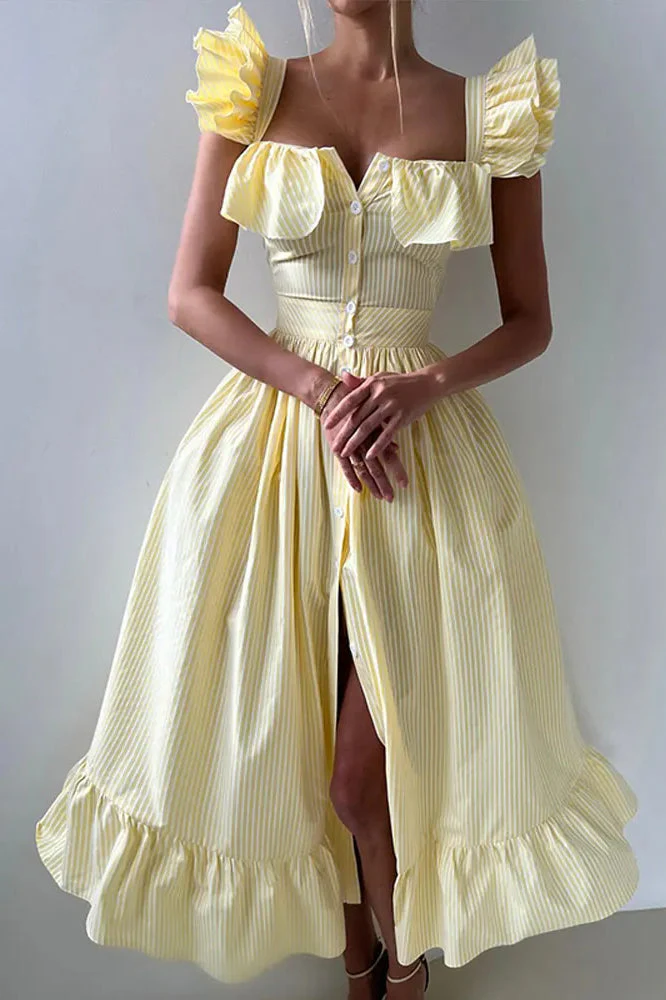Ruffle Striped Square Collar Floral Dress - Image 6