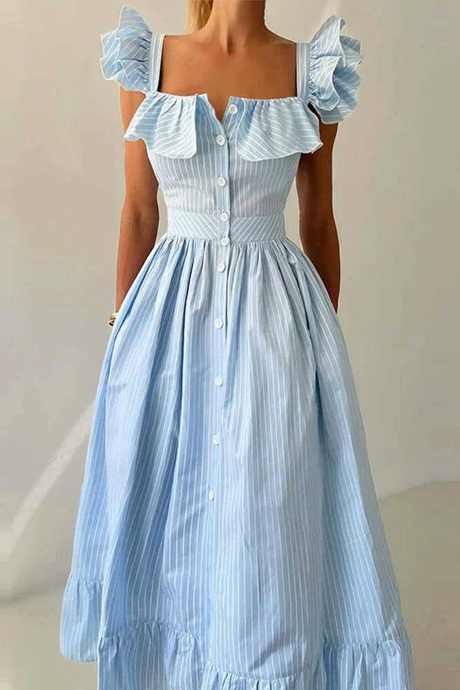 Ruffle Striped Square Collar Floral Dress - Image 8