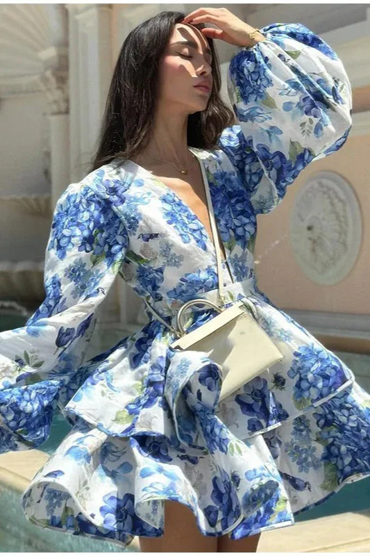 Printed Layered Ruffled Flared Sleeve Floral Dress - Image 3